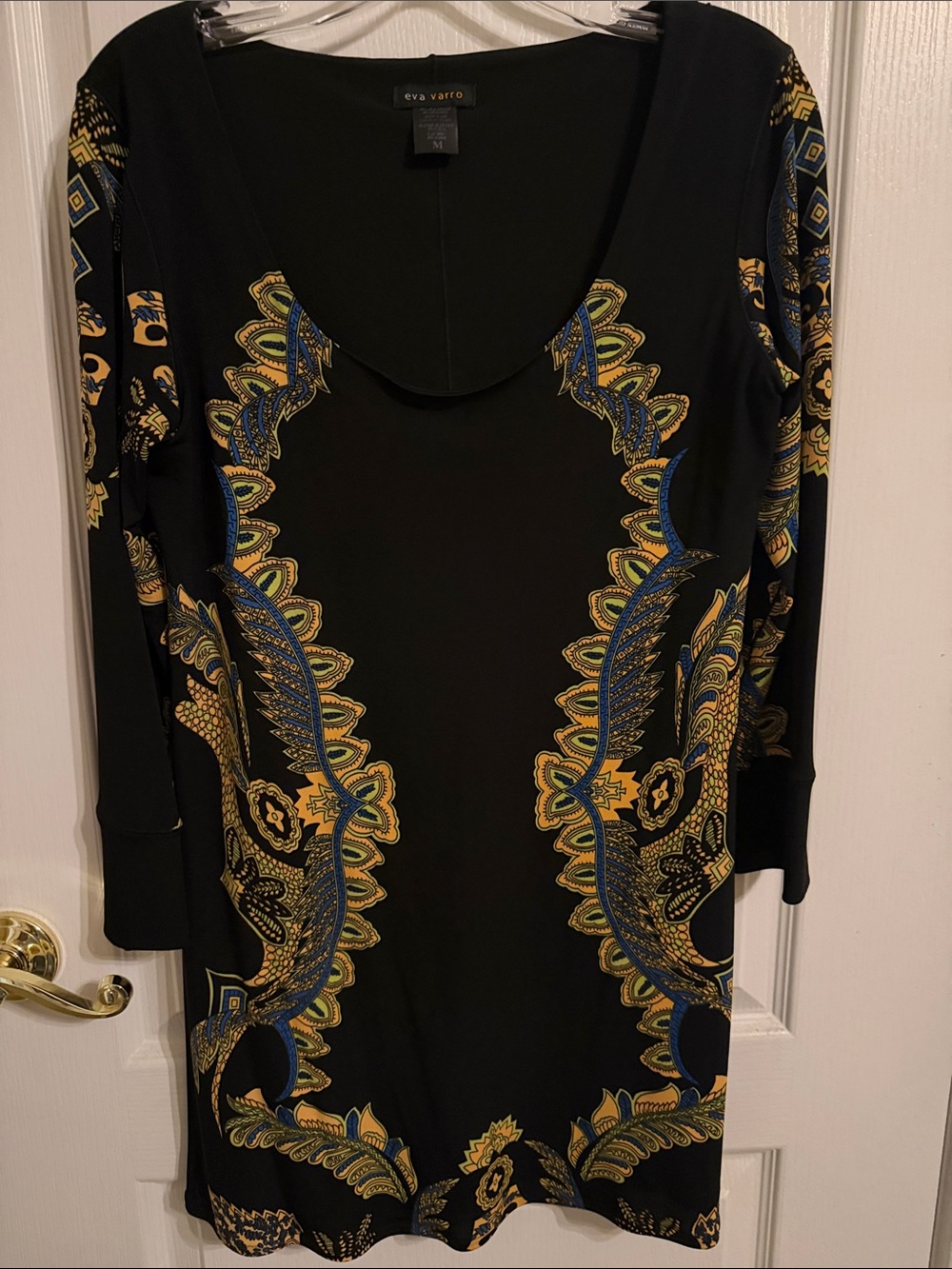 eva varro Black Long-Sleeve Tunic with Gold and Blue Paisley Motif